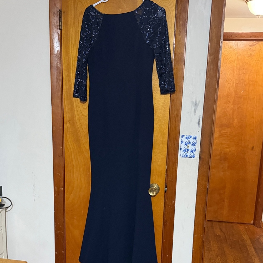 Vince Camuto Navy Sequin Sleeve Long Sleeve Evening Gown